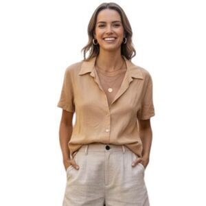 Silkland Shirt Womens Medium Beige 100% Silk Short Sleeve Button Front Top